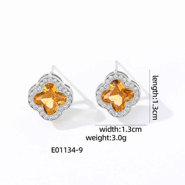 Elegant colorful cubic zircon clover copper material studs earrings