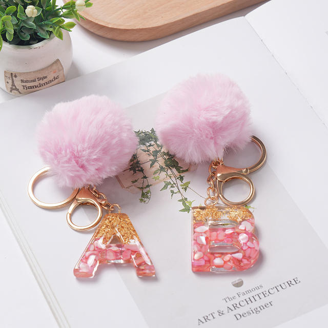 Sweet pink color fluffy ball initial letter keychain