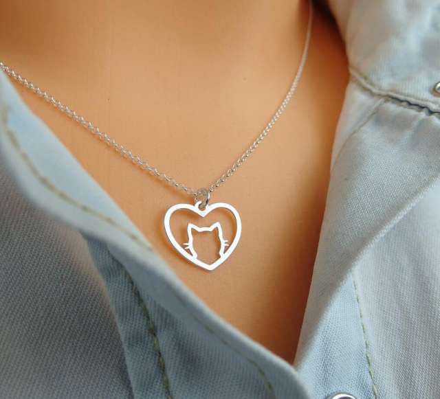 Korean fashion cute hollow heart kitty dainty stainless steel necklace