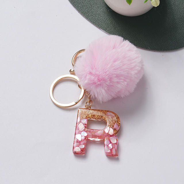 Sweet pink color fluffy ball initial letter keychain