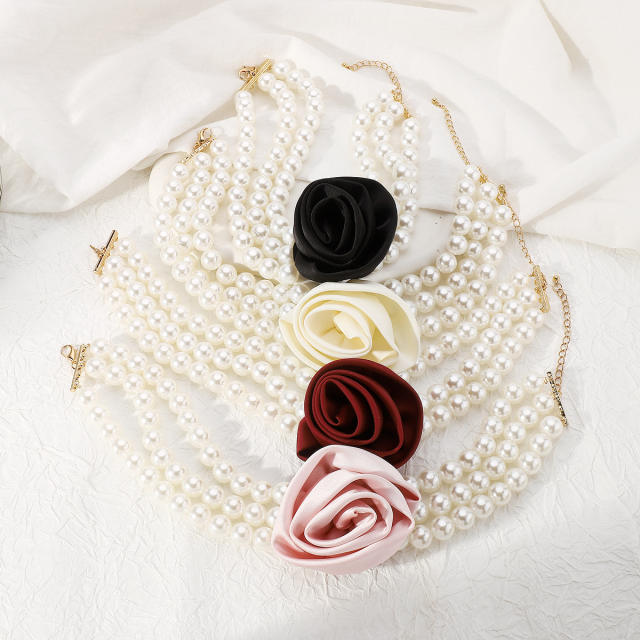Vintage imitation pearl bead fabric flower choker necklace