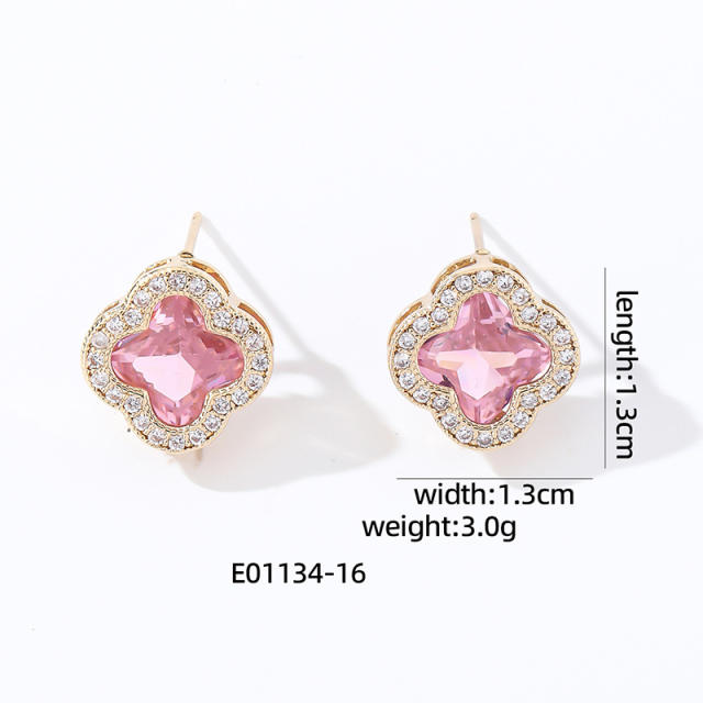 Elegant colorful cubic zircon clover copper material studs earrings