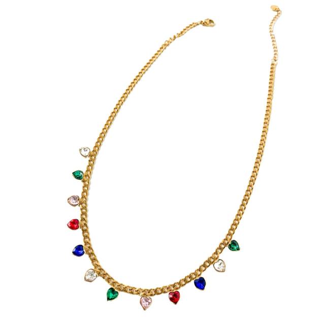Elegant colorful cubic zircon charm stainless steel chain necklace