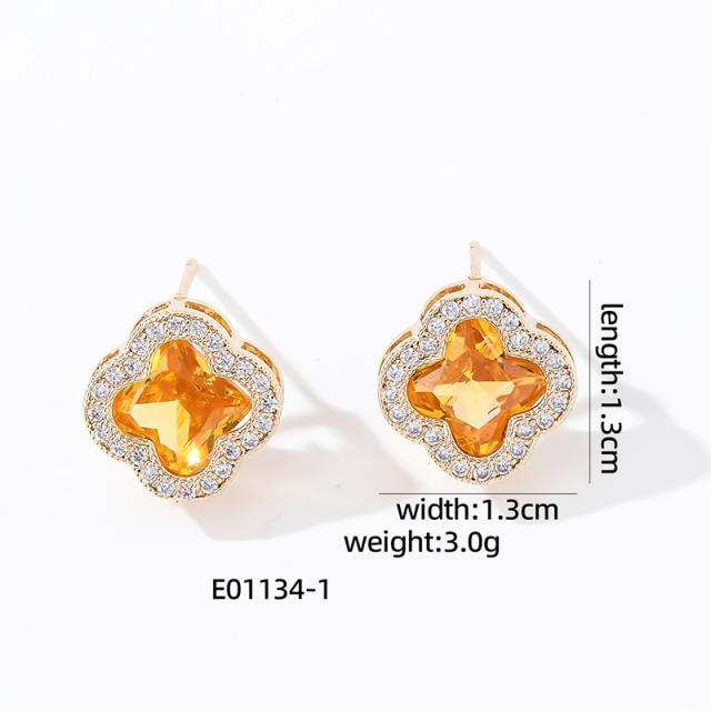 Elegant colorful cubic zircon clover copper material studs earrings