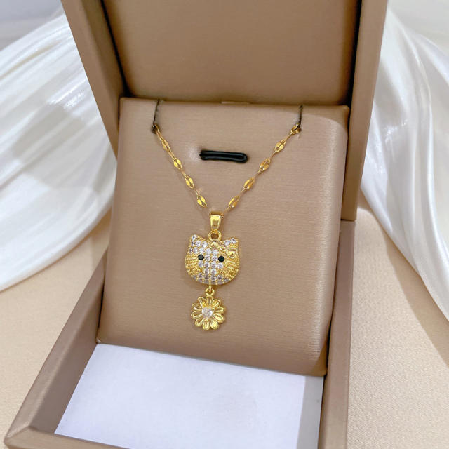 Cute diamond flower kitty pendant stainless steel chain necklace
