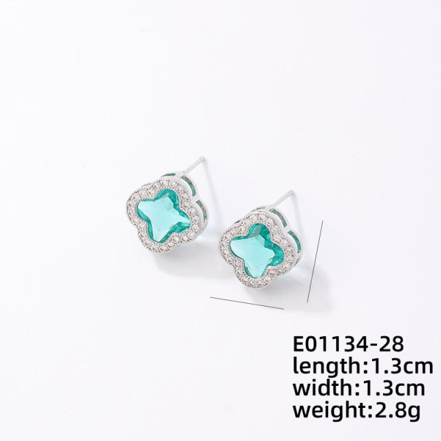 Elegant colorful cubic zircon clover copper material studs earrings