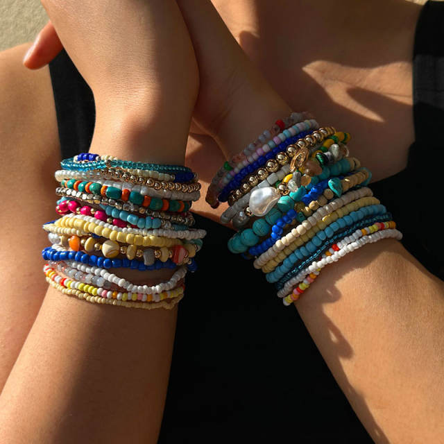 Boho blue color seed bead multi strand bracelet set