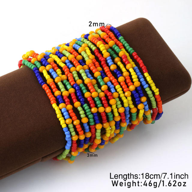 Boho rainbow seed bead elastic multi strand bracelet