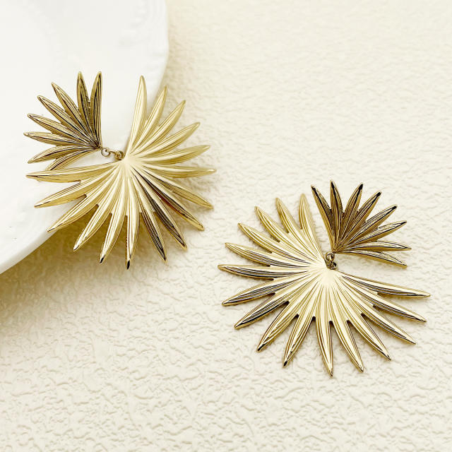 Natural folded pattern flower leaf design stainless steel earrings collection