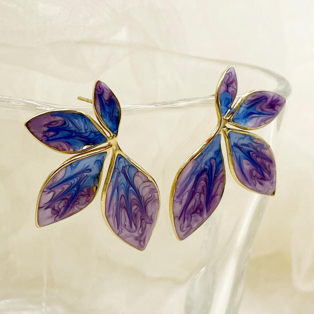 Colorful enamel leaf heart circle stainless steel earrings collection