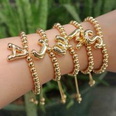 Chunky bubble initial letter charm gold plated copper beaded bracelet