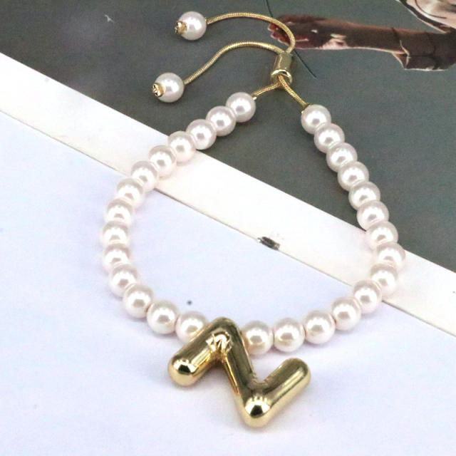 Vintage bubble initial letter charm imitation pearl bead slide bracelet