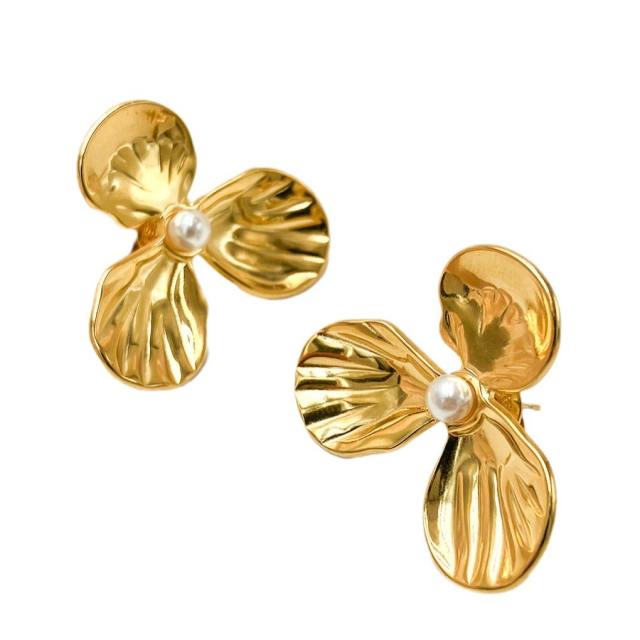 Chunky gold color flower petal stainless steel earrings collection