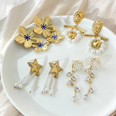 Korean fashion sweet pearl bead flower stainless steel earrings collection
