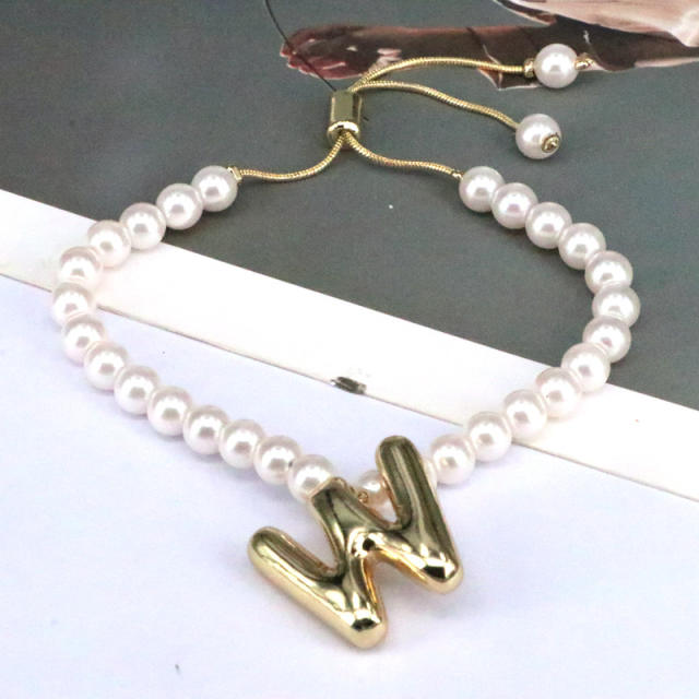 Vintage bubble initial letter charm imitation pearl bead slide bracelet