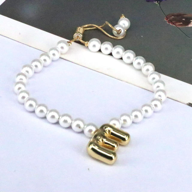 Vintage bubble initial letter charm imitation pearl bead slide bracelet