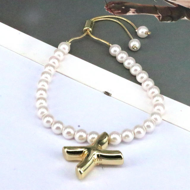 Vintage bubble initial letter charm imitation pearl bead slide bracelet