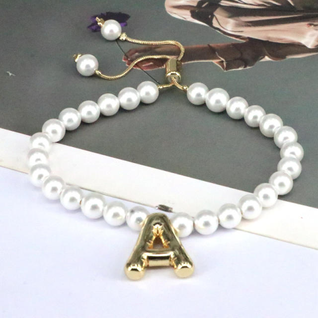 Vintage bubble initial letter charm imitation pearl bead slide bracelet