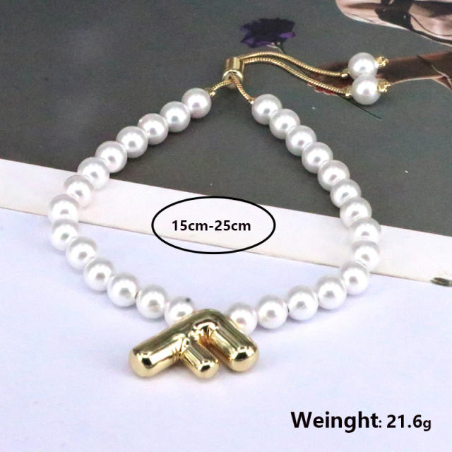 Vintage bubble initial letter charm imitation pearl bead slide bracelet