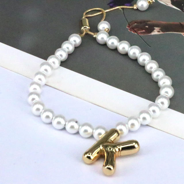 Vintage bubble initial letter charm imitation pearl bead slide bracelet