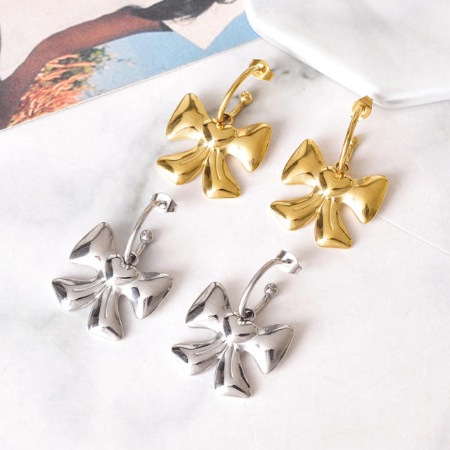 Korean fashion sweet bow Ginkgo biloba stainless steel earrings