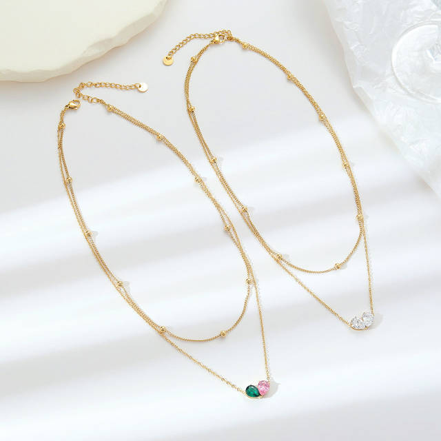 Delicate colorful cubic zircon two layer bezel necklace stainless steel necklace