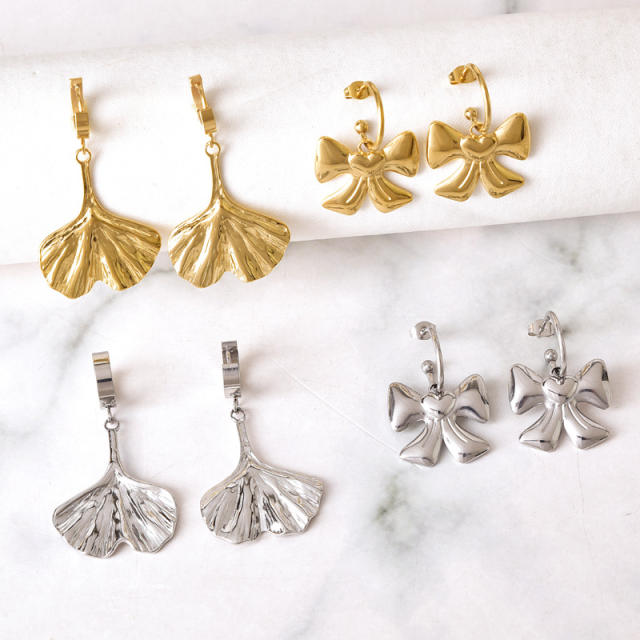 Korean fashion sweet bow Ginkgo biloba stainless steel earrings