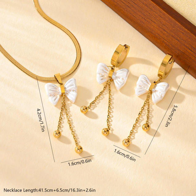 Dainty white bow stainless steel neckalce earrings set
