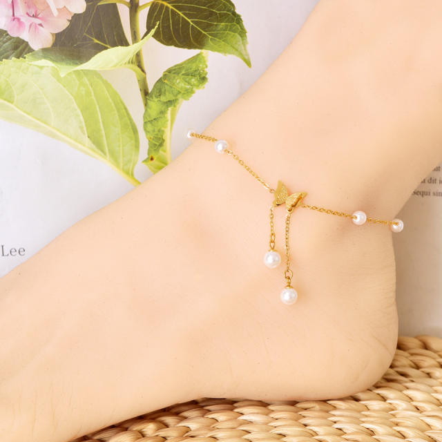 Summer pearl bead butterfly dreamcatcher stainless steel anklet