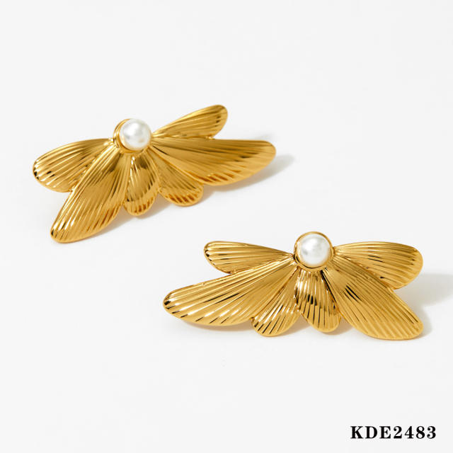 Summer pearl bead elgant butterfly stainless steel earrings