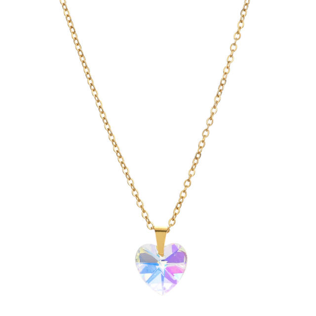 Dainty colorful cubic zircon heart pendant stainless steel chain necklace