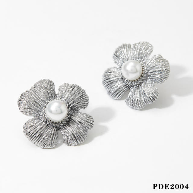Summer pearl bead flower petal stainless steel studs earrings