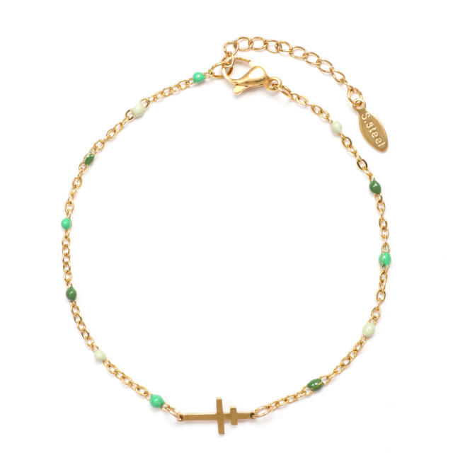 Vintage color enamel seed bead stainless steel cross bracelet