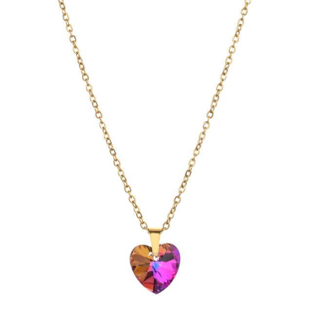 Dainty colorful cubic zircon heart pendant stainless steel chain necklace