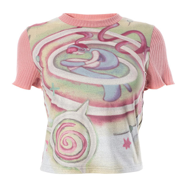 Spring summer sweet pink color graphic women t shirt