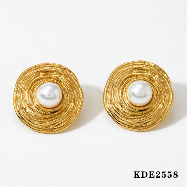 Vintage round shape pearl bead stainless steel chunky earrings
