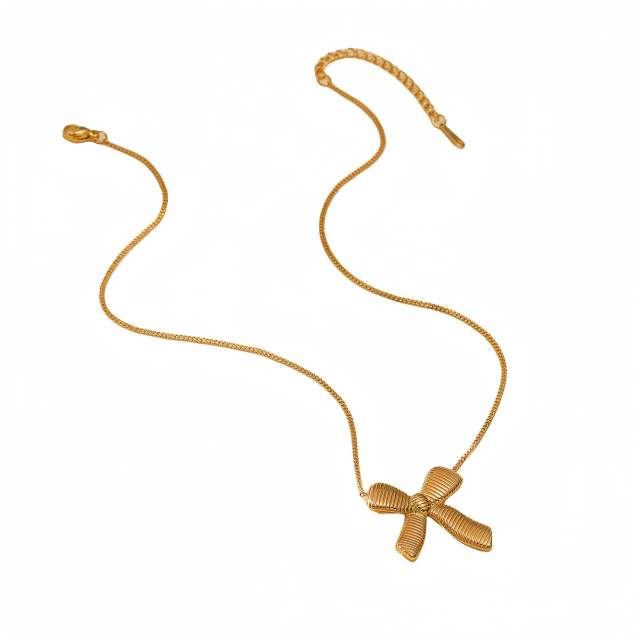 Sweet pearl beded chain stainless steel bow necklace