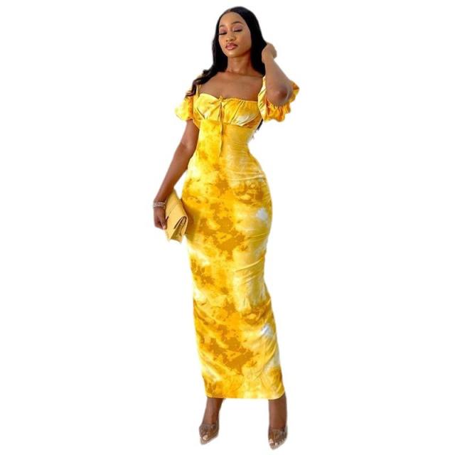 Summer yellow color tie dry pattern bodycon dress maxi dress