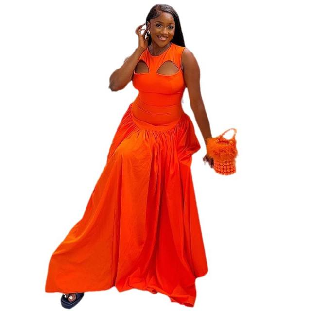 Springs ummer bright orange color maxi dress