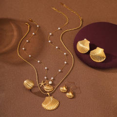 Natural ocean series shell starfish pearl beaded stainless steel necklace earrings set