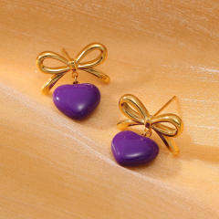 Summer colorful enamel heart bow stainless steel earrings