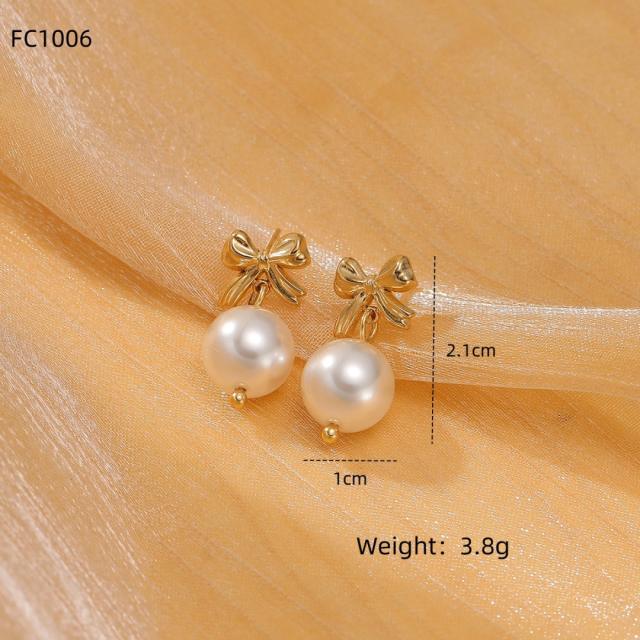 Elegant pearl beaded sweet bow stainless steel earrings