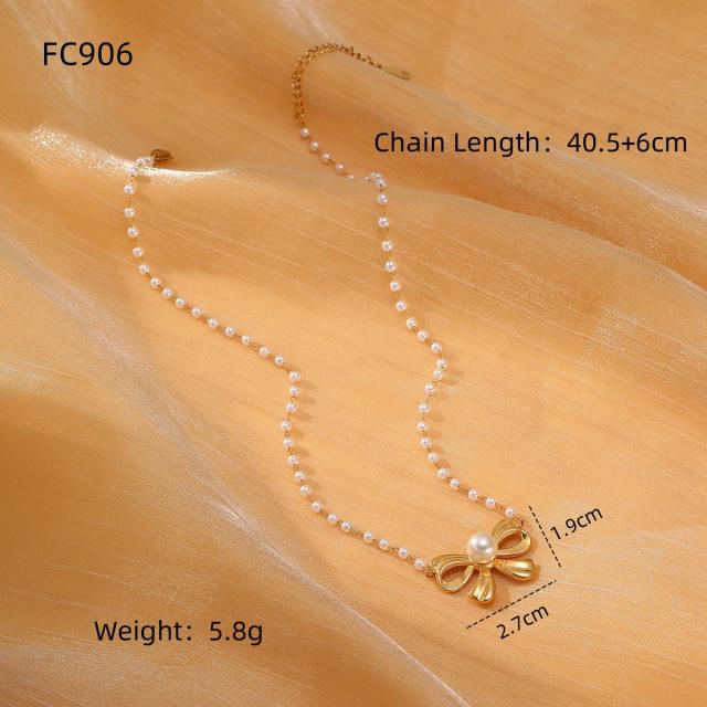Sweet pearl beded chain stainless steel bow necklace