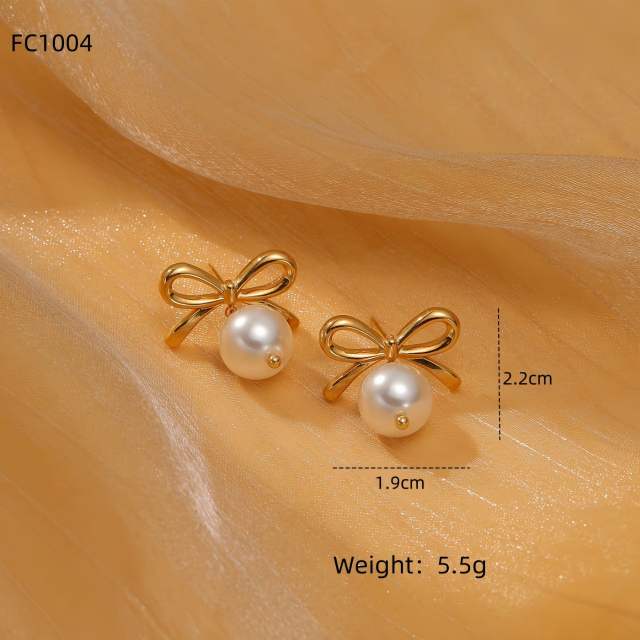 Elegant pearl beaded sweet bow stainless steel earrings