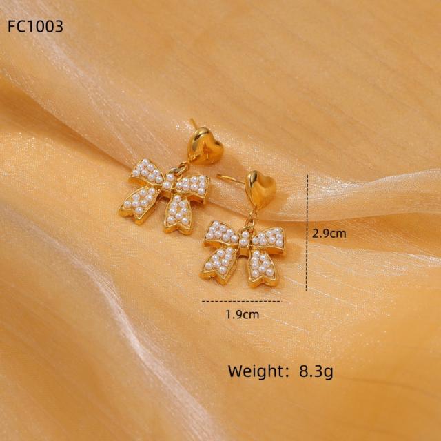 Elegant pearl beaded sweet bow stainless steel earrings