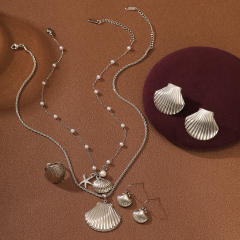 Natural ocean series shell starfish pearl beaded stainless steel necklace earrings set