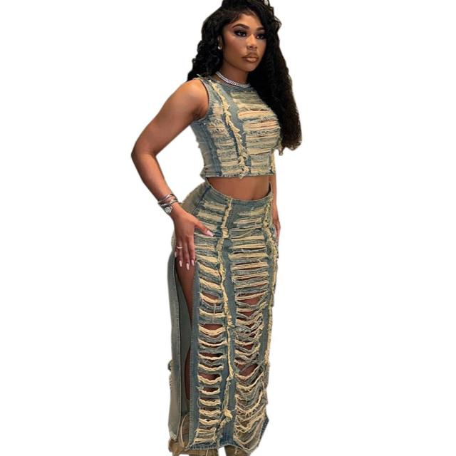 Hot sale wrapped denim material slit long skirt cropped tops set