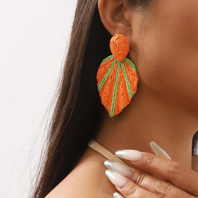 Boho leaf shape straw colorful beach earrings