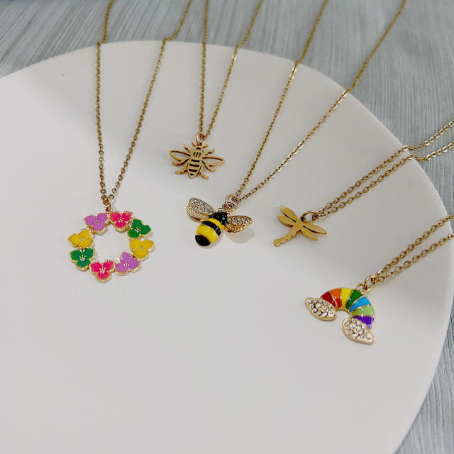 Dainty colorful enamel bee rainbow dainty stainless steel necklace