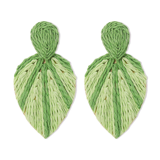 Boho leaf shape straw colorful beach earrings